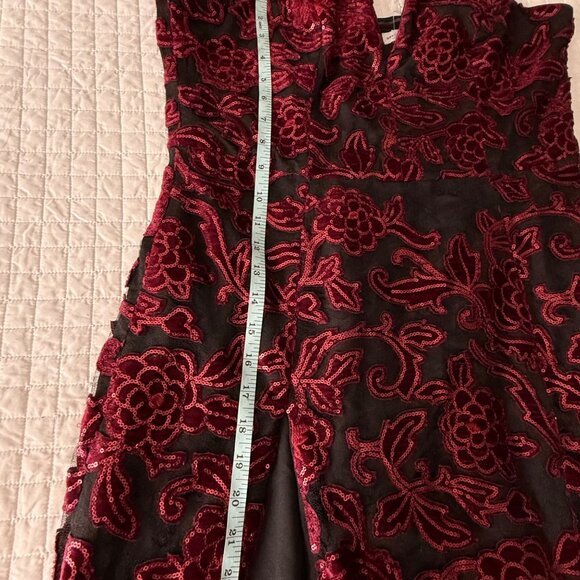 Dress The Population Sequin Floral Lace Fernanda Gown Strapless Burgundy, XL - Picture 9 of 11